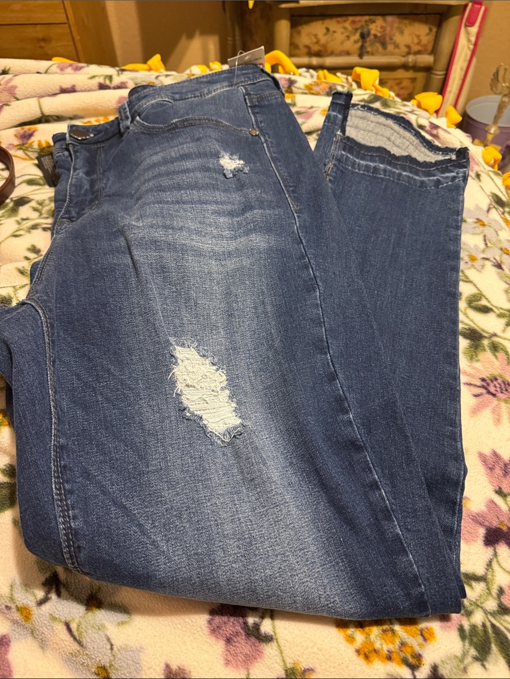 Seven7 Women's Straight Leg Distressed Blue Jeans
